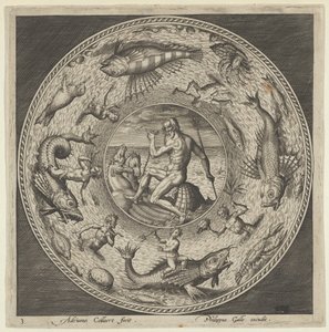 Tervezés egy tányérhoz Neptunnal a kagylóban, amelyet lovak rajzoltak egy medálba, határolja ..., c1600. alkotó: Adriaen Collaert
