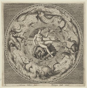 Tervezés egy tányérhoz Thetis-szel egy kagylón egy medálban, amelyet tengeri szörnyek határolnak, c1600. alkotó: Adriaen Collaert