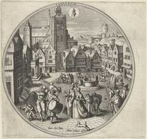 január Ianvarivs (cím az objektumon) A tizenkét hónap (sorozat címe) alkotó: Adriaen Collaert