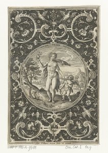 Medallion Vénusszal és Ámorral groteszk keretben virágokkal, füzérekkel, állatokkal és mascaronokkal Medálok a párizsi ítélet figuráival (sorozat címe) alkotó: Adriaen Collaert