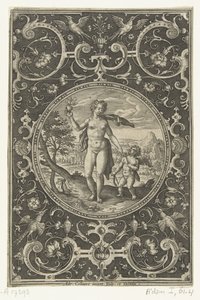 Medál, amelyben Vénusz a párizsi almával a kezében és Ámorral az oldalán Medálok a párizsi ítélet figuráival (sorozat címe) alkotó: Adriaen Collaert