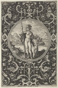 Minerva dekoratív keretben groteszkekkel, a párizsi ítéletből, 1580-1600. alkotó: Adriaen Collaert