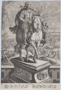 11. tábla: Titusz lovas szobra, háromnegyed jobbra látható, Vezúv..., kb. 1587-89. alkotó: Adriaen Collaert