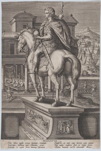 2. tábla: Augustus lovas szobra, földgömböt tartva hátulról nézve, ..., kb. 1587-89.