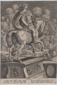 6. tábla: Néró lovas szobra, hátulról nézve, a római nagy tűzvész a..., kb. 1587-89. alkotó: Adriaen Collaert