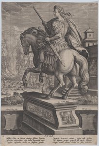 8. tábla: Otho lovas szobra, hátulról nézve, a háttérben halála..., kb. 1587-89. alkotó: Adriaen Collaert