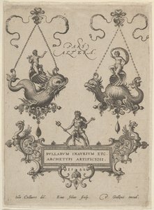 Címtábla két medálmintával felül és Neptunusz kartonon állva, 1582. alkotó: Adriaen Collaert