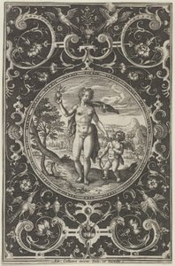 Vénusz és Ámor díszkeretben groteszkekkel, a párizsi ítéletből..., 1580-1600. alkotó: Adriaen Collaert