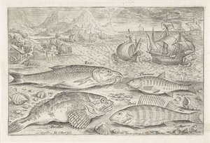 Vier vissen op het strand Vissen (series title) Piscivm vivae icones (series title)   1369864   hu       hungarian Successfully Translated  Original: Loading the Canon, plate eleven from The Military Exercises Translat: Loading the Canon, plate eleven from alkotó: Adriaen Collaert
