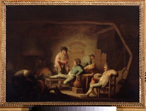 Inn jelenet. (Taverna jelenet). Adriaen Jansz van Ostade (1610-1685) festménye, 1635 körül. Holland iskola, barokk stílus. Olaj, fa. Puskin Múzeum, Moszkva. alkotó: Adriaen Jansz. van Ostade