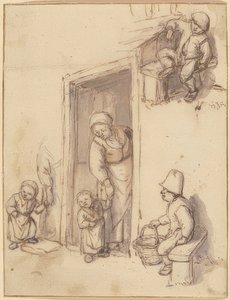 Tanulmányi lap egy anyával és lányával a bejárati ajtóban, két fiú ülve. 1660-as évek alkotó: Adriaen Jansz. van Ostade