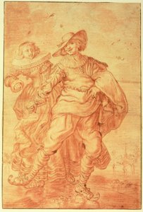 Egy hölgy és úriember korcsolyázik a jégen, 1625 körül (piros kréta papíron) alkotó: Adriaen Pietersz van de Venne