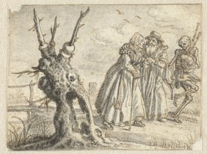 Idős férfi és nő szívesen követi a halált dudán alkotó: Adriaen Pietersz van de Venne