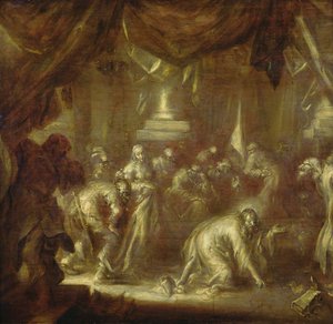 Jézus és a házasságtörőnő (grisaille a fán) alkotó: Adriaen Pietersz van de Venne