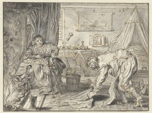 Férfi takarítja a padlót, miközben a felesége ül a kandalló mellett alkotó: Adriaen Pietersz van de Venne