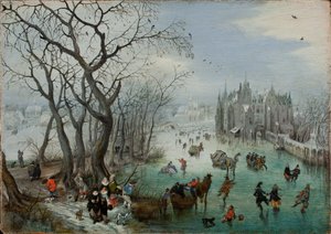 Téli táj korcsolyázókkal a kastély közelében, 1615