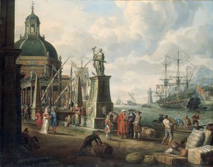 Egy mediterrán kikötő capriccioja kereskedőkkel, egy elegáns házaspár a rakparton, a Remény szobra és egy barokk templom előtt, egy világítótorony, egy holland ember-háború és egyéb hajózási szolgáltatások azon túl, 1700 alkotó: Adriaen Verdoel