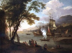 Egy mediterrán kikötő capriccioja hajózással, kereskedőkkel és kikötőikkel