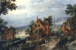 Falusi jelenet figurákkal alkotó: Adriaen van Stalbemt
