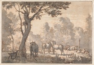 Fás táj lovakkal, tehenekkel és kecskékkel alkotó: Adriaen van de Velde