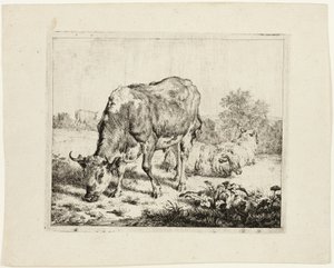 Bika legeltetés és három bárány alkotó: Adriaen van de Velde