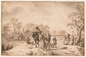 Őszi táj utazókkal és komppal alkotó: Adriaen van de Velde