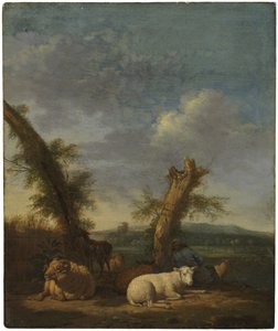 Tájkép juhokkal és alvó pásztorral alkotó: Adriaen van de Velde