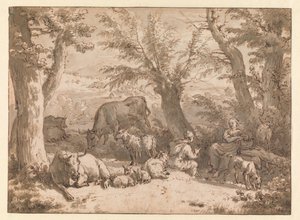Táj pásztorral, pásztorlánnyal és jószággal alkotó: Adriaen van de Velde