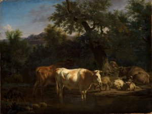 Szarvasmarhák és juhok az erdei víznél alkotó: Adriaen van de Velde