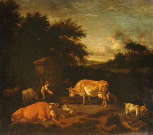 Pásztorlány és egy drover nyájaikkal egy klasszikus szökőkút mellett, erdős tájon alkotó: Adriaen van de Velde