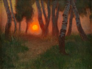 Naplemente erdős tájon (olaj, panel) alkotó: Adrian Scott Stokes