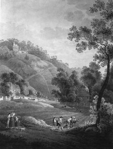 Kilátás a Pillnitzi kastély felé a kerttel és a mesterséges rommal, 1792 körül
