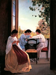 Adriano Cecioni (1836-1886) hímzői, olaj, vászon, 52x41 cm részlet