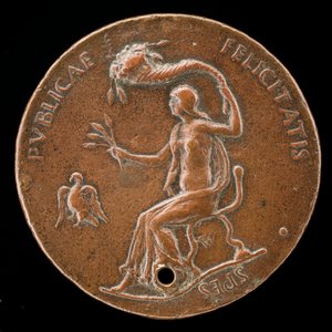 Felicitas ül, kalászokat tart és hullámos bőségszarukat [fordítva], 1494 vagy korábban.
