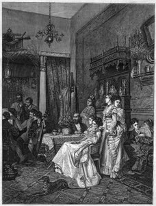 Amatőr koncert egy művészműteremben. Metszet Adrien Moreau (1843-1906) „The Illustrous Universe” című festménye után. alkotó: Adrien (after) Moreau