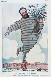 Andre Michelin és Bibendum rajzfilmje - Adrien Barrere (1877-1931) illusztrációja a "Fantasio"-ban 1923.07.01-től