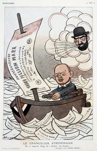 Karikatúra Gustav Stresemann német kancellárról (1878-1929) és a védjegy leértékelődéséről – Adrien Barrere (1877-1931) illusztrációja az 1923.11.01. „" Fantasio"-ban
