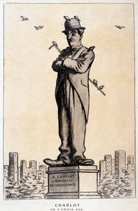 Charlot szoborban, a lábazaton írással: „Egy Charlot, a hálás emberiség”” („Charlot ne s