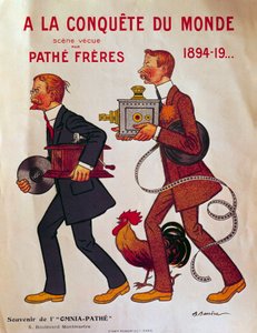 Poszter a Pathe fivérekről: „A la conquete du monde” Charles Pathe és testvére, Emile fonográfot és kivetítőt visel. Illusztráció: Adrien Barrere (1877-1931) 20. századi Párizs, az Arzenál könyvtára