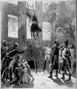 Színházi ábrázolás: "" Kilencvenhárom"" ("Kilencvenhárom"), Paul Meurice (1818-1905), Victor Hugo (1802-1885). A Tourgue tüze (10. festmény): de Lantenac márki, miután megmentette Flecharde gyermekeinek életét, megadja magát alkotó: Adrien Emmanuel Marie