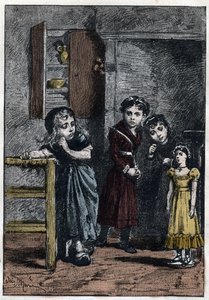 Thénardier két lánya, Eponine és Azelma megnézi Cosette-et, aki megkapta a Catherine babát – Illusztráció: Adrien Marie (1848-1891) a „Nyomorultak – Második rész: Cosette” című filmhez, Victor Hugo (1802-1885) 1862