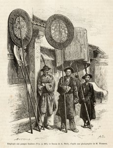 Három temetkezési munkás Pekinben. Metszet A.Marie rajza után a pekini és észak-kínai utazás szemléltetésére, T.Choutze 1873-ban, megjelent a „Le tour du monde”” 1876-ban, szerkesztette Edouard Charton, Hachette kiadás, Párizs. Selva kollekció. alkotó: Adrien Emmanuel Marie