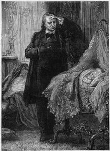 Victor Hugo a kiságyában alvó gyermeket figyeli. Victor Hugo (1802-1885) „Egy bűn története” című művének illusztrációja. Illusztráció: M. A. Marie