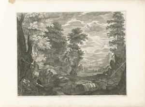 Vízesés egy várossal a háttérben Négy táj Csehországban (sorozat címe) alkotó: Aegidius Sadeler (II) (attributed to)