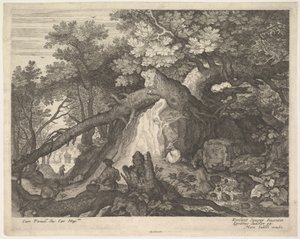 Egy botot tartó férfi egy fatörzsön ül, két kecskével mindkét oldalon, surro..., kb. 1600.