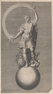 Földgömbön álló harcos allegorikus alakja pápai címerrel a..., kb. 1588-1629.