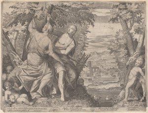 Angelica és Medoro egy patak mellett állnak, miközben Medoro nevüket egy tr...-ba vési, 1590-98.