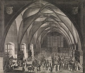 A prágai vár Vladislav csarnokának belső képe az éves vásár idején, 1607., 1607.