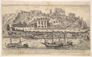 21. tábla: kilátás az Aventinus-domb romjairól, Rómában, csónakokkal a folyón ..., 1606.