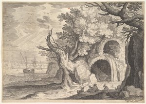 Romos vízvezeték, amelyből víz ömlik az alatta folyóba, hajók a tengeren túl, egy ..., kb. 1600.